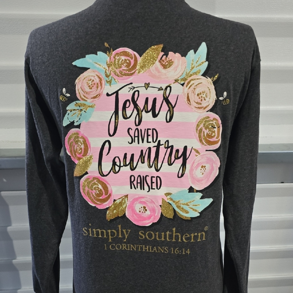 Simply Southern  Gray Long Sleeve  Jesus Saved Country Raised Size Medium‎